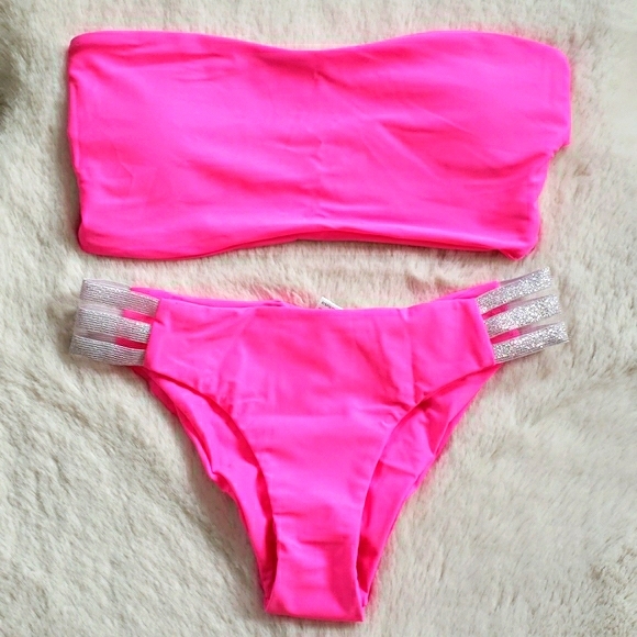 Pink Bandeau Top Ruched Back Bikini Set Swimsuit - Picture 4 of 7